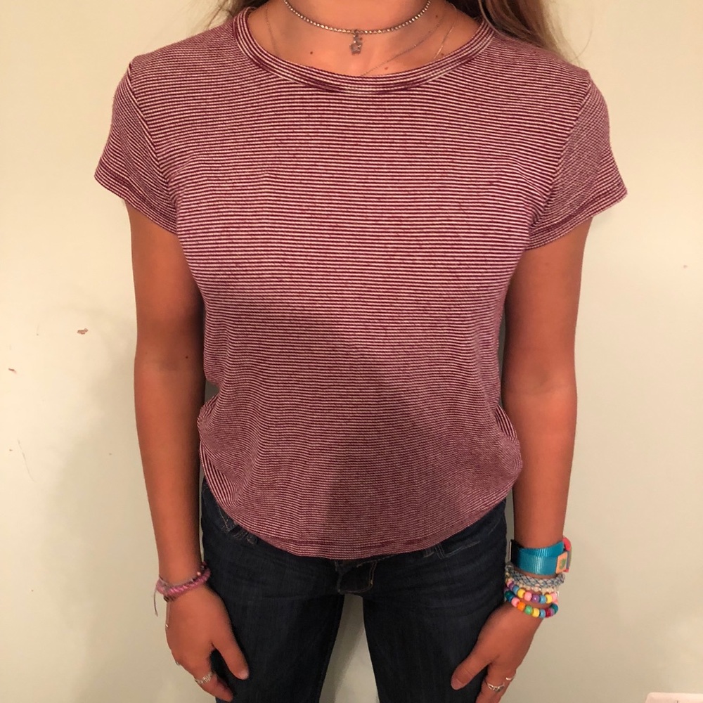 Maroon and White Brandy Melville Striped Tee
